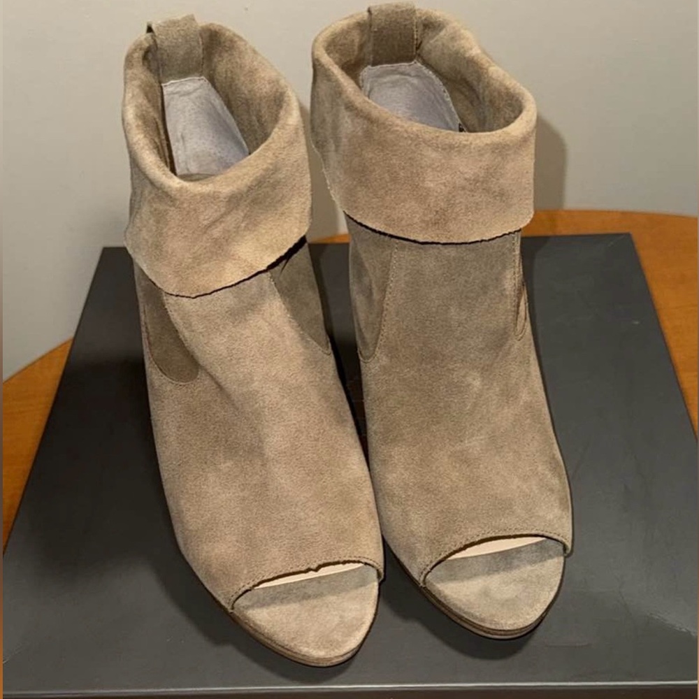 Vince Camuto Taupe Suede Peep-Toe Ankle Boots